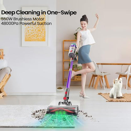 Cordless Vacuum Cleaner, 550W/48kPa Stick Vacuum with Intelligent Display, Vacuum Cleaner with Anti-Tangle Brush and 60 Mins Runtime, Perfect for Pet Hair, Carpet, and Hard Floors (Purple)