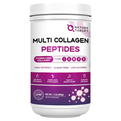 NATURE TARGET Multi Collagen Peptides Powder - Type I, II, III, V, X - Hydrolyzed Collagen Peptides with Vitamin C Hyaluronic Acid, Supports Skin Hair Nail & Joint, Grass-Fed, Non-GMO, 50 Servings