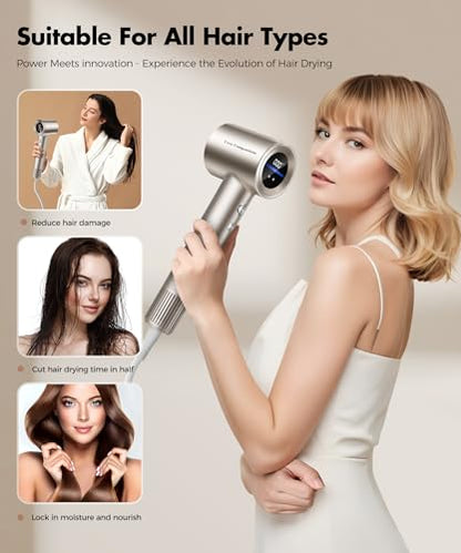 Hair Dryer, 150000RPM High-Speed Hairdryer for Fast Drying, Low Noise, HD Display, 5 Temps & 2 Speeds, 500 Million Negative Ionic Blow Dryer with Diffuser & Nozzle for Home and Travel Salon, Gold