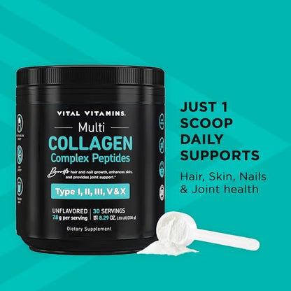 Vital Vitamins Collagen Powder Unflavored - Multi Collagen Type I, II, III, V, X - Collagen Peptides Powder for Women & Men - Promotes Hair, Skin, Nails, & Joint Health - 30 Servings