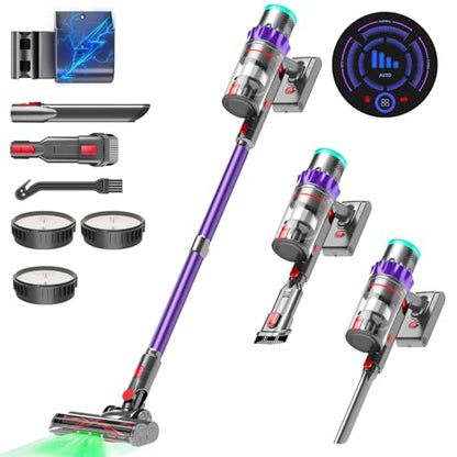 Cordless Vacuum Cleaner, 550W/48kPa Stick Vacuum with Intelligent Display, Vacuum Cleaner with Anti-Tangle Brush and 60 Mins Runtime, Perfect for Pet Hair, Carpet, and Hard Floors (Purple)