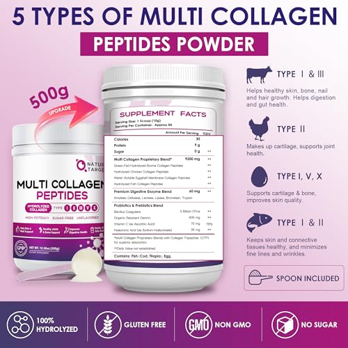 NATURE TARGET Multi Collagen Peptides Powder - Type I, II, III, V, X - Hydrolyzed Collagen Peptides with Vitamin C Hyaluronic Acid, Supports Skin Hair Nail & Joint, Grass-Fed, Non-GMO, 50 Servings