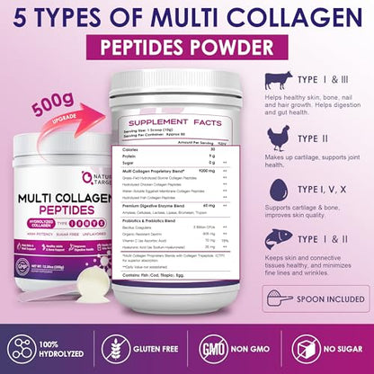 NATURE TARGET Multi Collagen Peptides Powder - Type I, II, III, V, X - Hydrolyzed Collagen Peptides with Vitamin C Hyaluronic Acid, Supports Skin Hair Nail & Joint, Grass-Fed, Non-GMO, 50 Servings