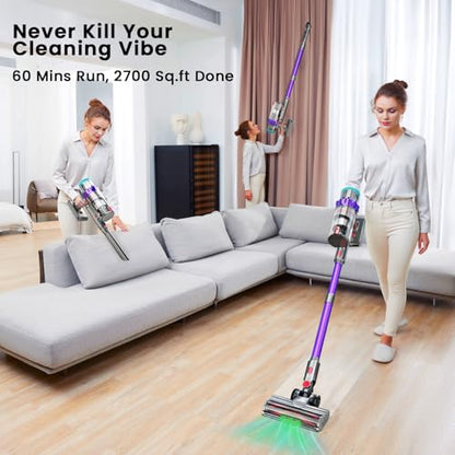 Cordless Vacuum Cleaner, 550W/48kPa Stick Vacuum with Intelligent Display, Vacuum Cleaner with Anti-Tangle Brush and 60 Mins Runtime, Perfect for Pet Hair, Carpet, and Hard Floors (Purple)