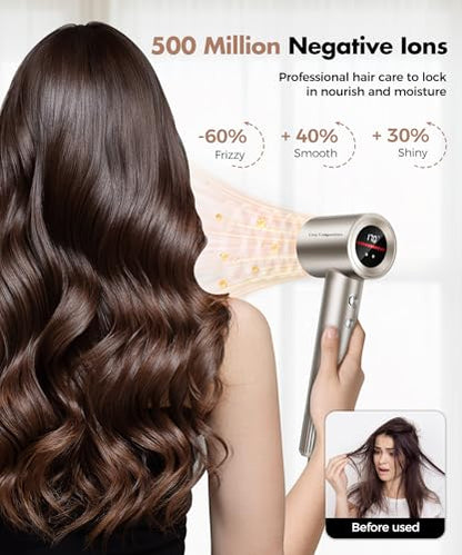 Hair Dryer, 150000RPM High-Speed Hairdryer for Fast Drying, Low Noise, HD Display, 5 Temps & 2 Speeds, 500 Million Negative Ionic Blow Dryer with Diffuser & Nozzle for Home and Travel Salon, Gold