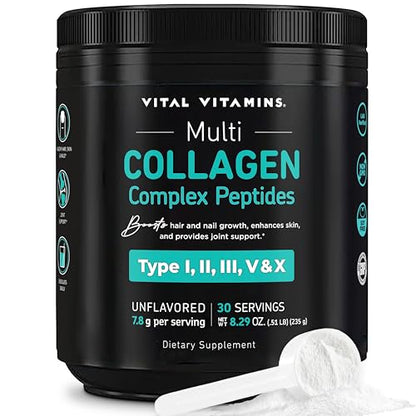 Vital Vitamins Collagen Powder Unflavored - Multi Collagen Type I, II, III, V, X - Collagen Peptides Powder for Women & Men - Promotes Hair, Skin, Nails, & Joint Health - 30 Servings