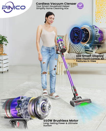 Cordless Vacuum Cleaner, 550W/48kPa Stick Vacuum with Intelligent Display, Vacuum Cleaner with Anti-Tangle Brush and 60 Mins Runtime, Perfect for Pet Hair, Carpet, and Hard Floors (Purple)